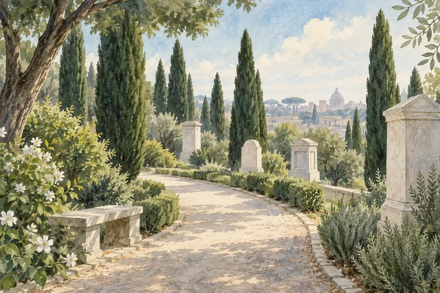 Conceptual editorial watercolor of a quiet cypress-lined path and anonymous memorial stones, not a depiction of identifiable graves or the cemetery’s exact layout.