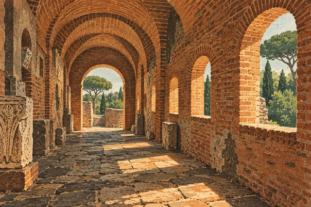Conceptual editorial illustration of a vaulted brick wall passage and sunlit arched openings, inspired by Rome’s fortifications rather than an exact museum interior.