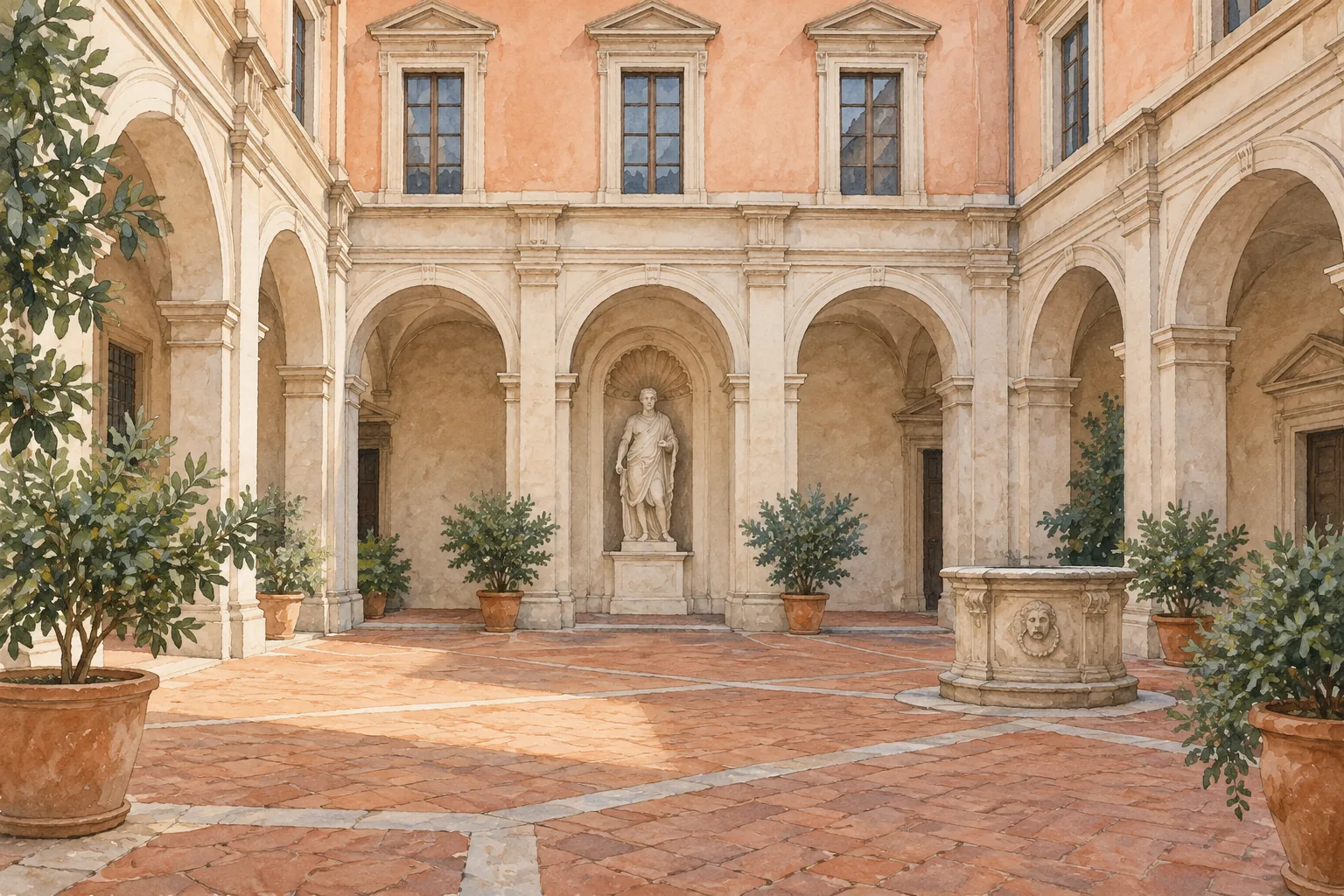 Editorial watercolor of a Roman palace courtyard with arches and a draped statue, an interpretation rather than an exact Palazzo Altemps view.