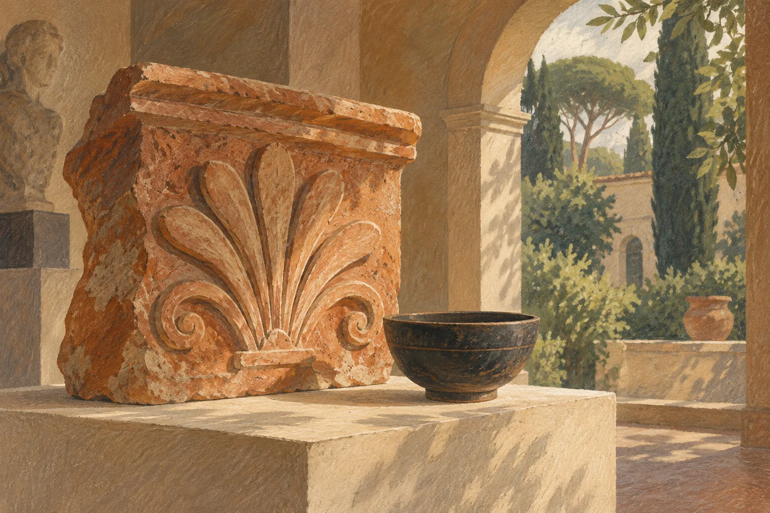 Editorial illustration of a terracotta architectural fragment and dark bowl beside a garden arch, not a photograph of Villa Giulia’s collection.