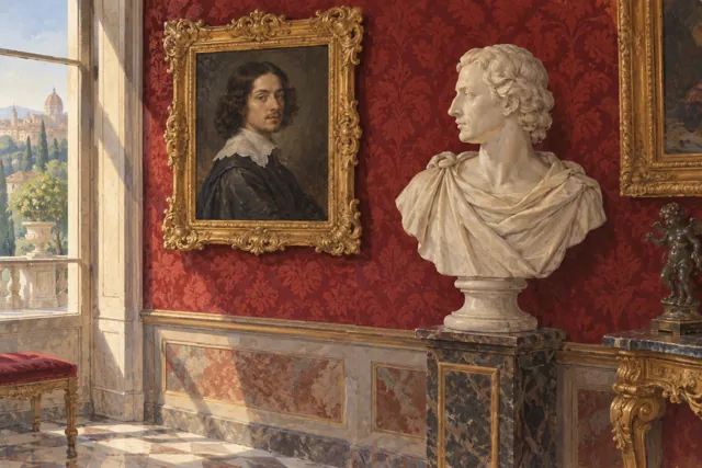 Editorial gouache illustration of an imaginary palace gallery with a framed portrait and marble bust, a conceptual comparison rather than an actual Doria Pamphilj room.