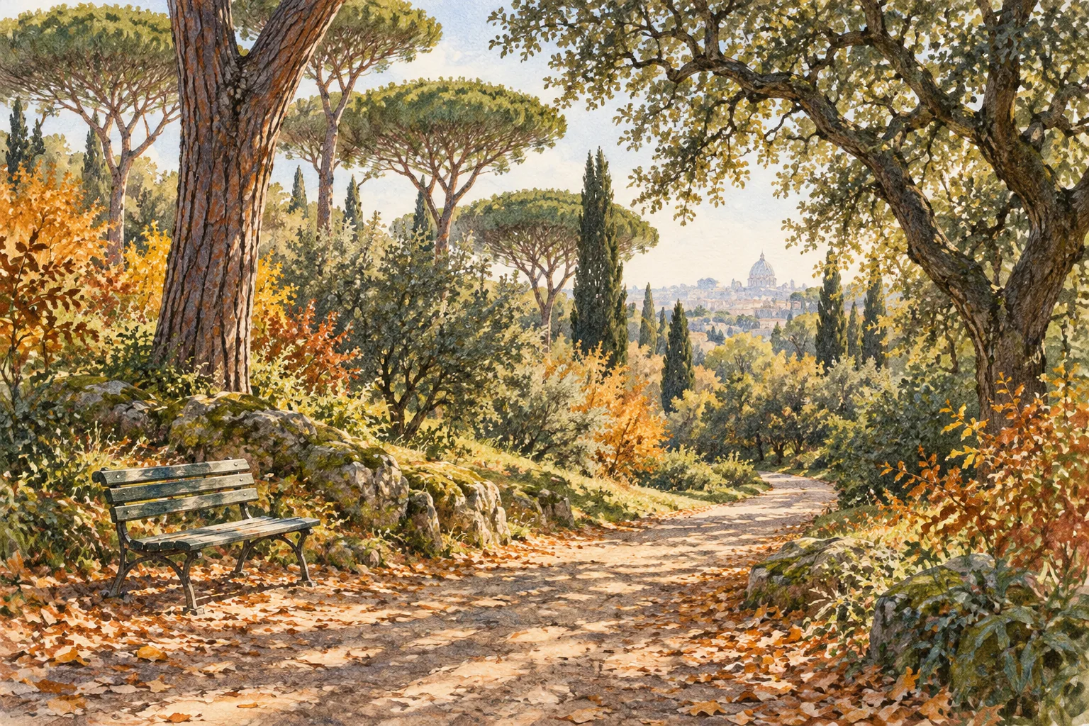 Editorial watercolor of a winding path, bench and autumn trees inspired by Villa Ada, an imagined woodland scene rather than a current-condition photograph.