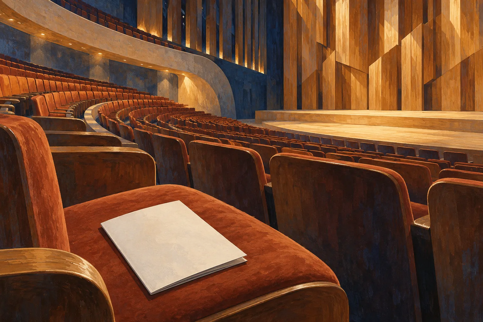 Editorial gouache illustration of empty russet concert seats, a blank programme and a wooden stage, an imagined auditorium rather than a photograph of a named hall.