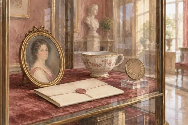 Editorial watercolor of an anonymous portrait, porcelain cup, sealed letter and medal in a glass cabinet, imagined objects rather than documented Museo Napoleonico exhibits.