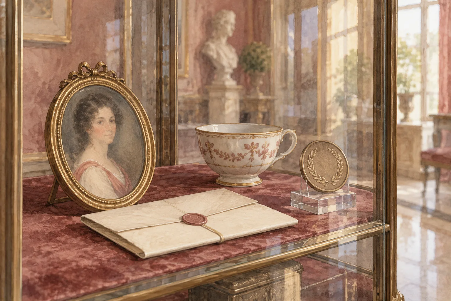 Editorial watercolor of an anonymous portrait, porcelain cup, sealed letter and medal in a glass cabinet, imagined objects rather than documented Museo Napoleonico exhibits.