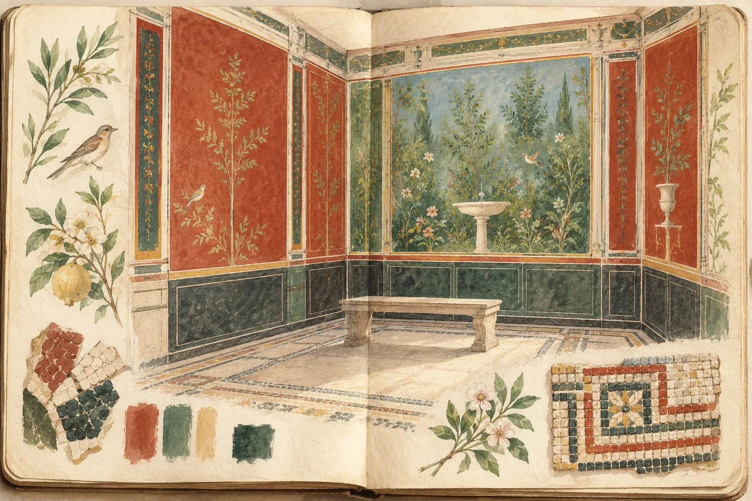 Editorial gouache of an imagined painted room, garden motifs and mosaic samples in a notebook, a conceptual study rather than a Palazzo Massimo room reconstruction.