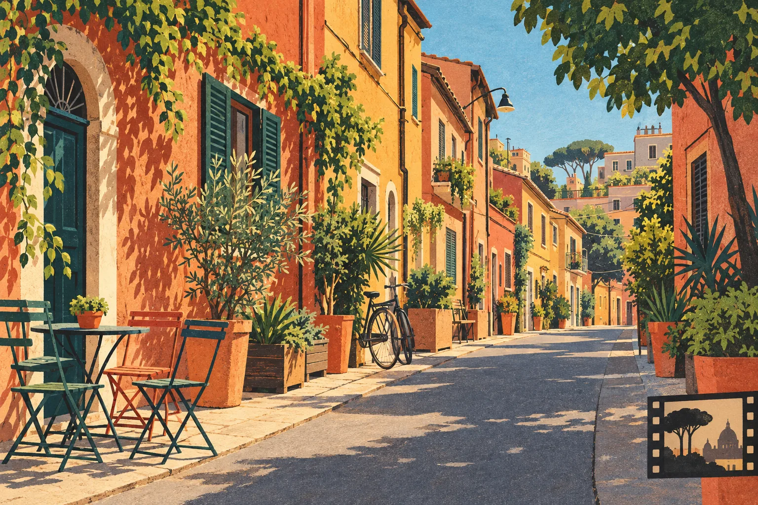 Editorial linocut-style illustration of an imagined sunny Roman residential street with shutters, a bicycle and cafe chairs, inspired by a daytime neighbourhood walk.