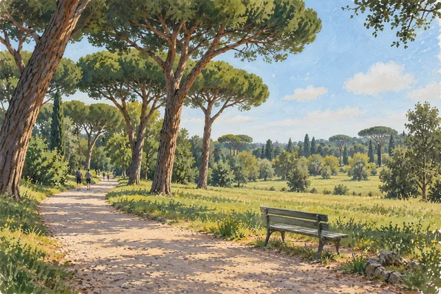 Conceptual editorial illustration of a curving park path, umbrella pines, an empty bench and a sunlit meadow inspired by Rome’s green spaces.