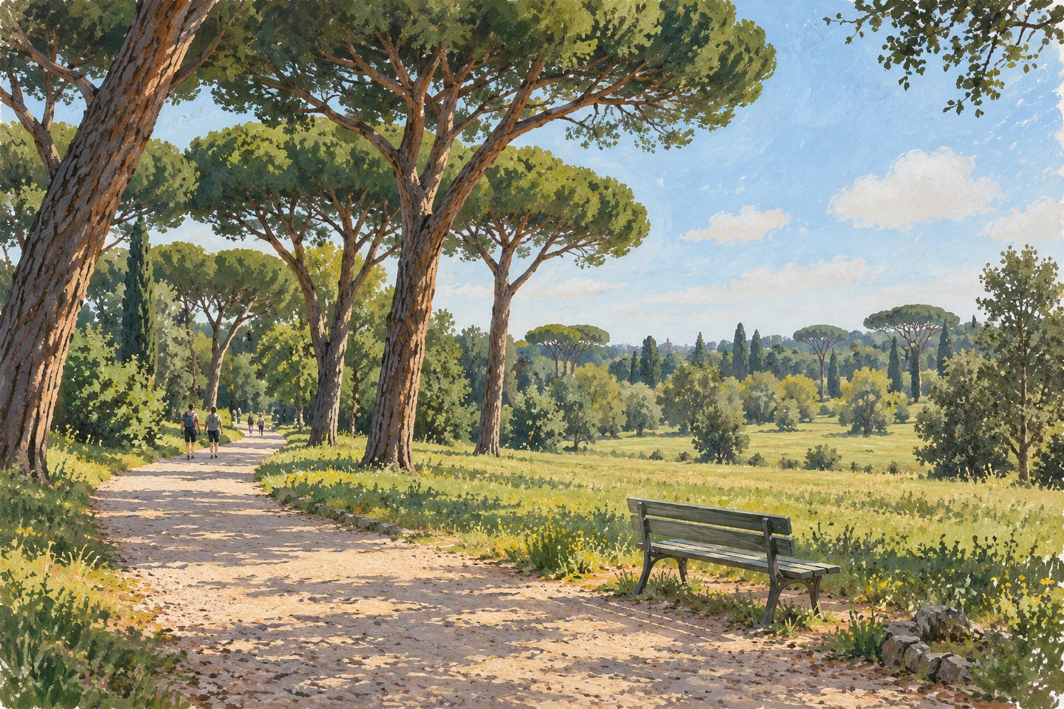 Conceptual editorial illustration of a curving park path, umbrella pines, an empty bench and a sunlit meadow inspired by Rome’s green spaces.