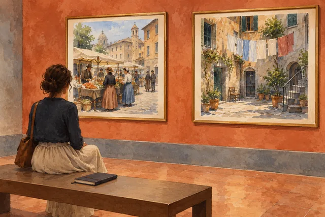 Editorial watercolor illustration of an imagined museum visitor looking at paintings of a nineteenth-century street market and courtyard.