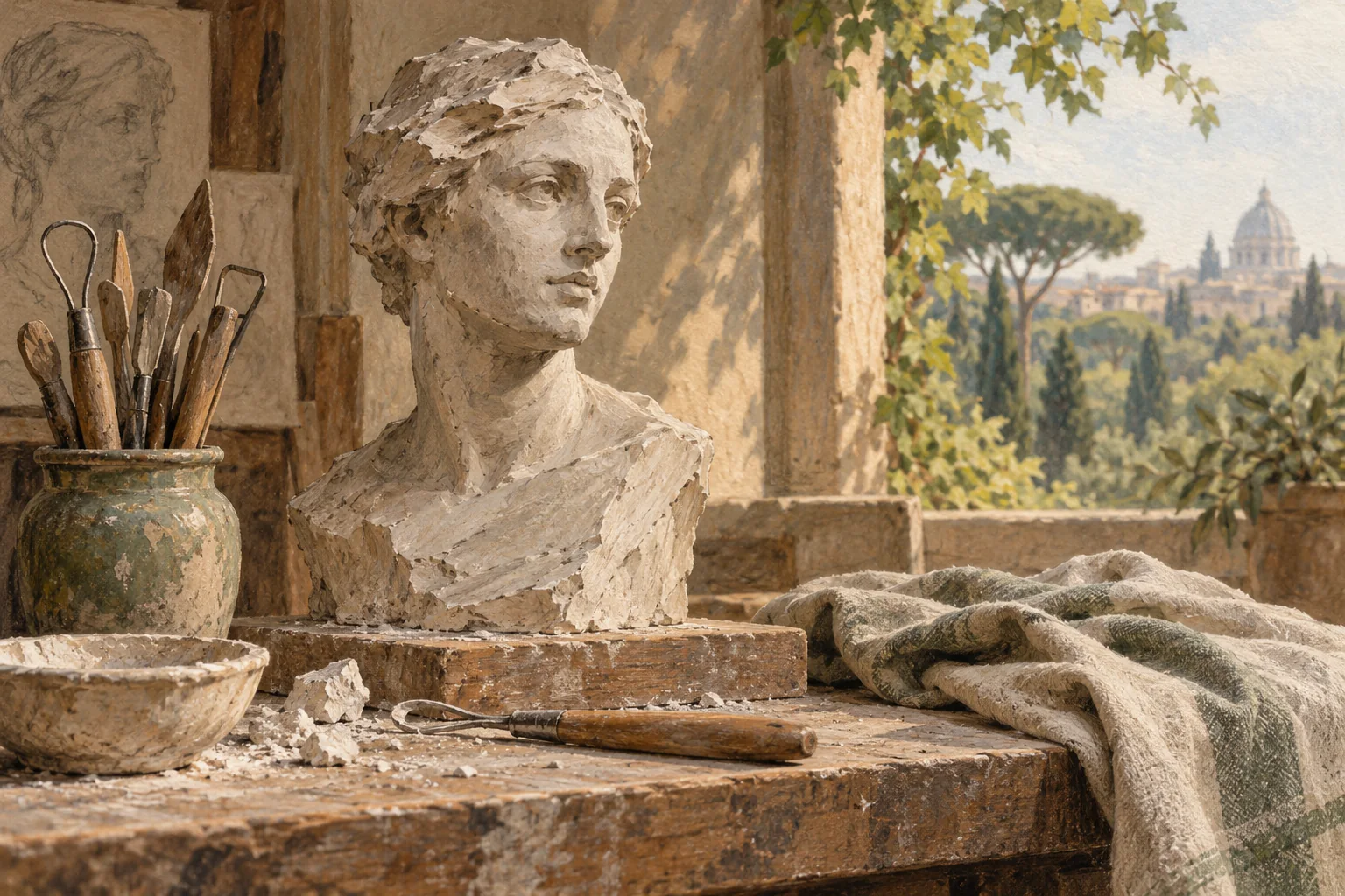 Editorial illustration of an imagined plaster bust and modelling tools beside a leafy studio window, not an actual museum room.