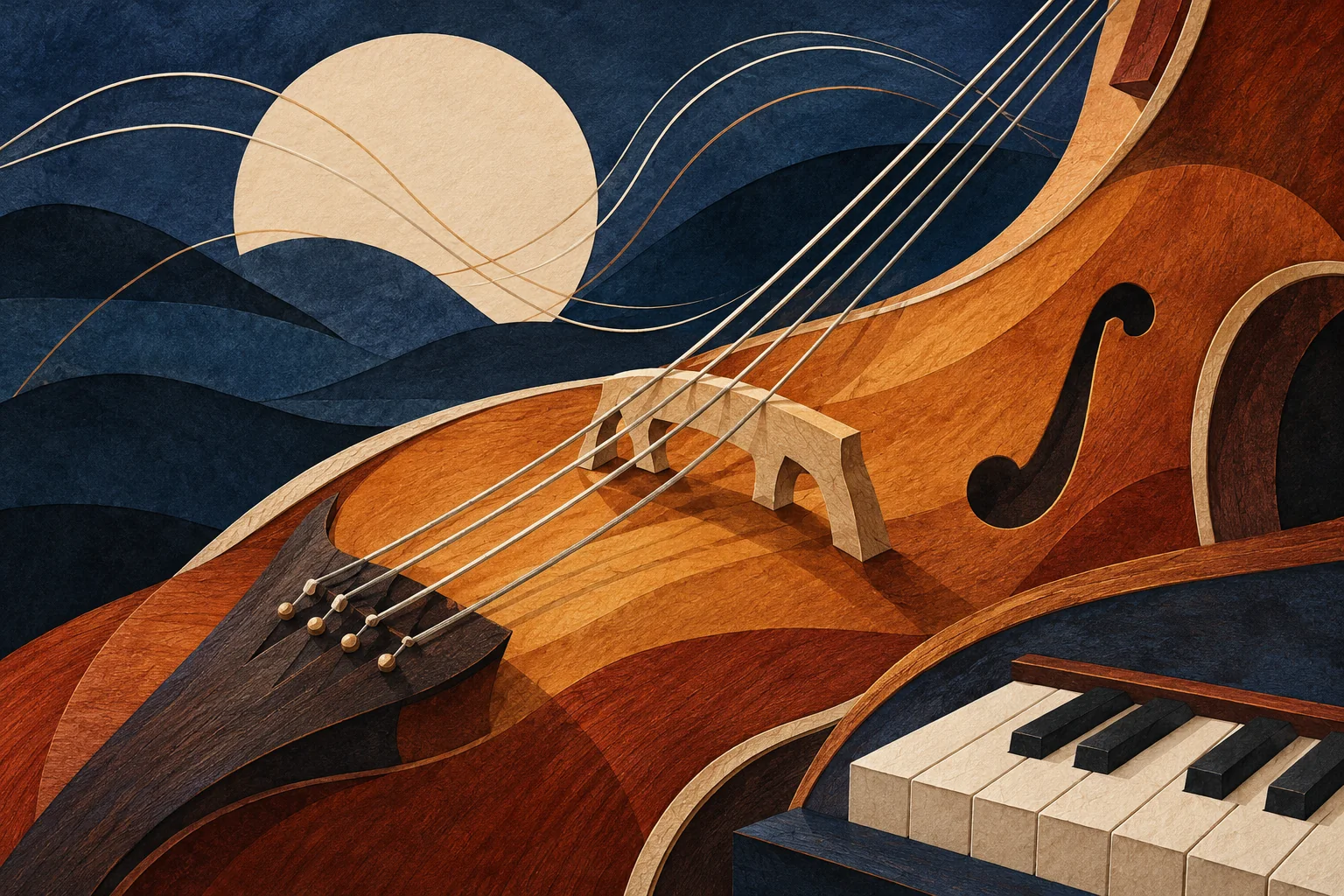 Editorial cut-paper illustration of an invented string instrument bridge and keyboard, with curved lines suggesting sound.
