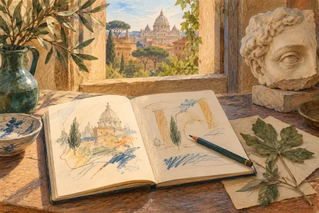 Editorial watercolor illustration of an imagined travel notebook, leaf and plaster fragment beside a Roman window, not Goethe’s actual room or belongings.