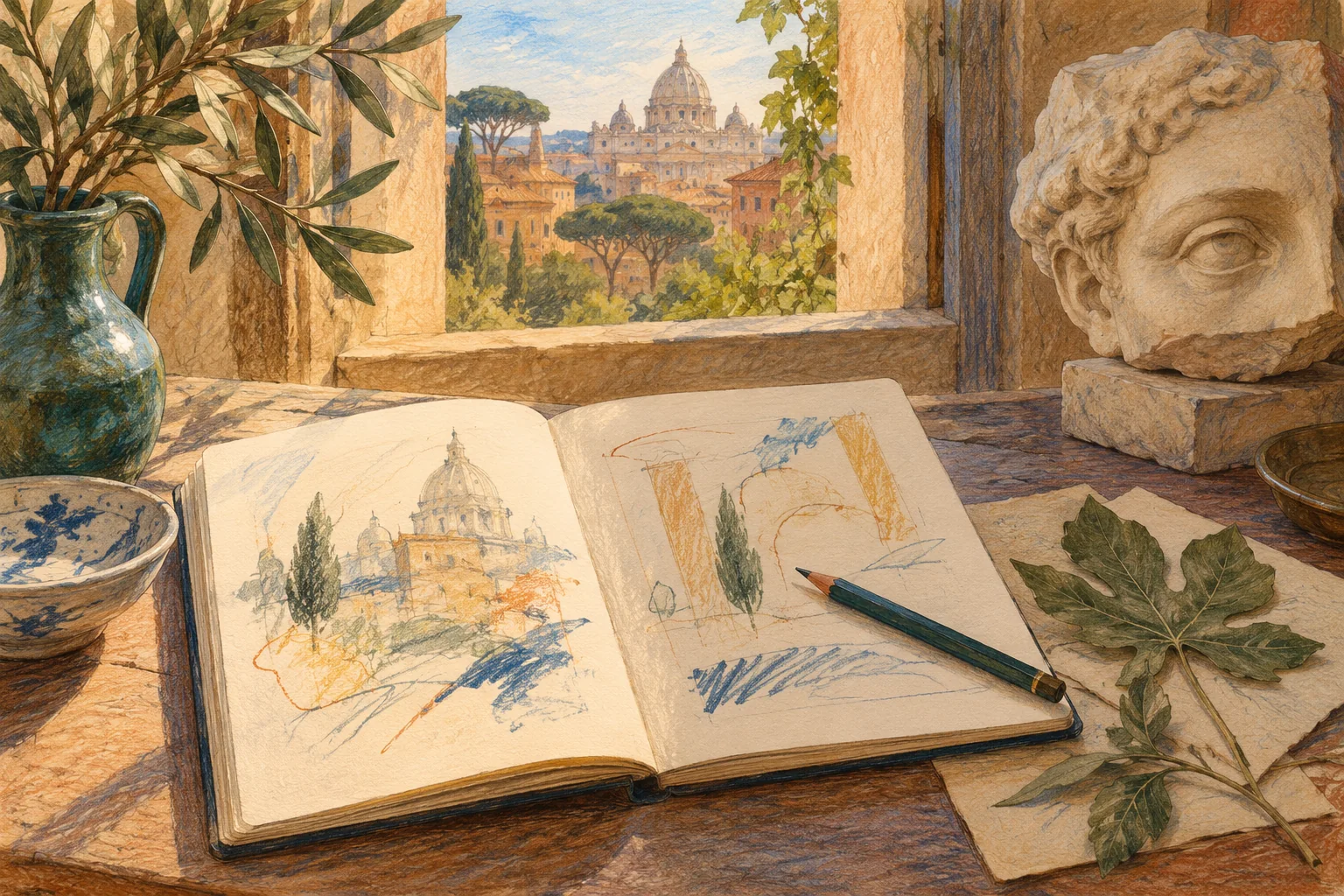 Editorial watercolor illustration of an imagined travel notebook, leaf and plaster fragment beside a Roman window, not Goethe’s actual room or belongings.