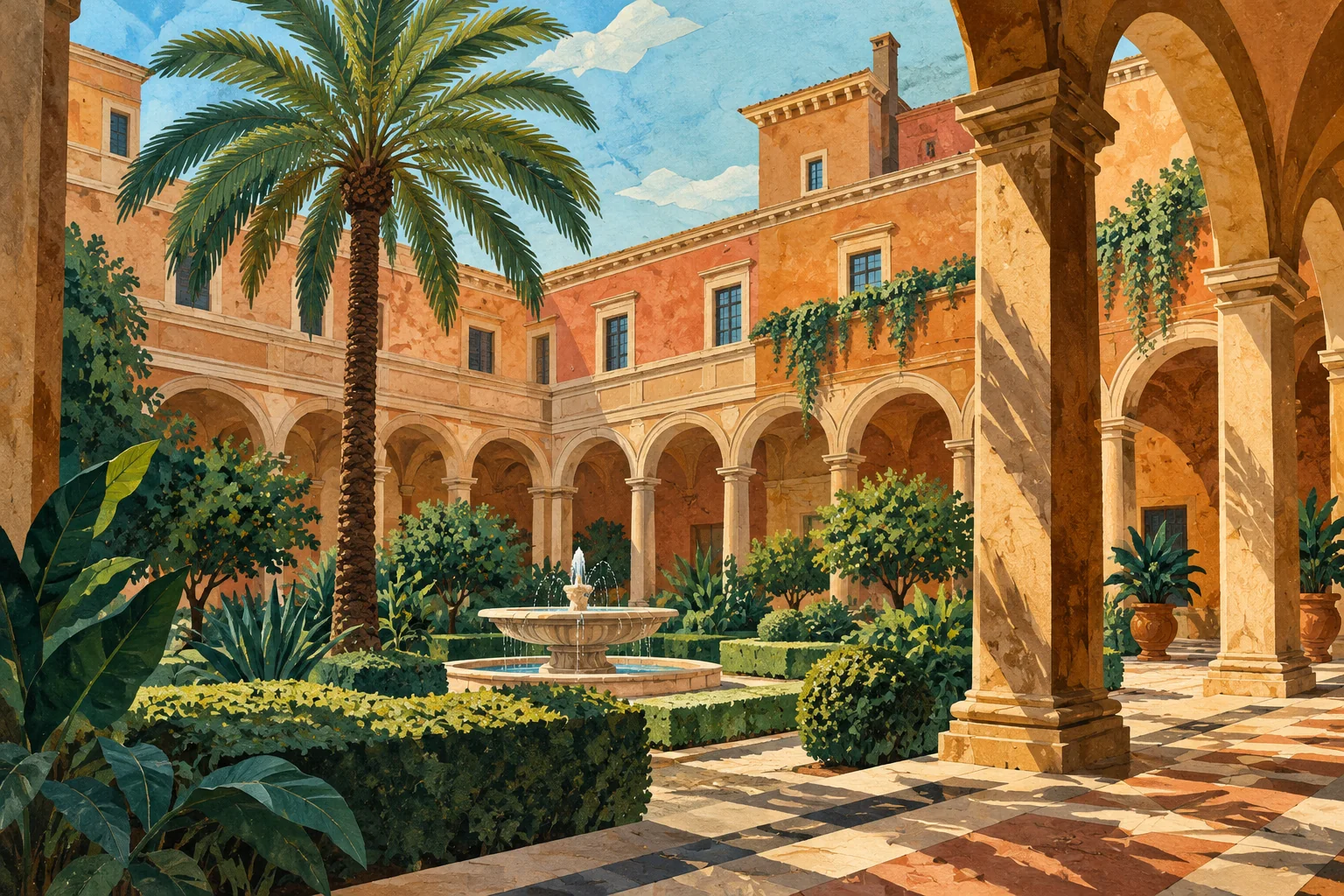 Editorial gouache illustration of an imagined Roman courtyard with palms, a fountain and ochre arcades, not an exact view of Palazzo Venezia.