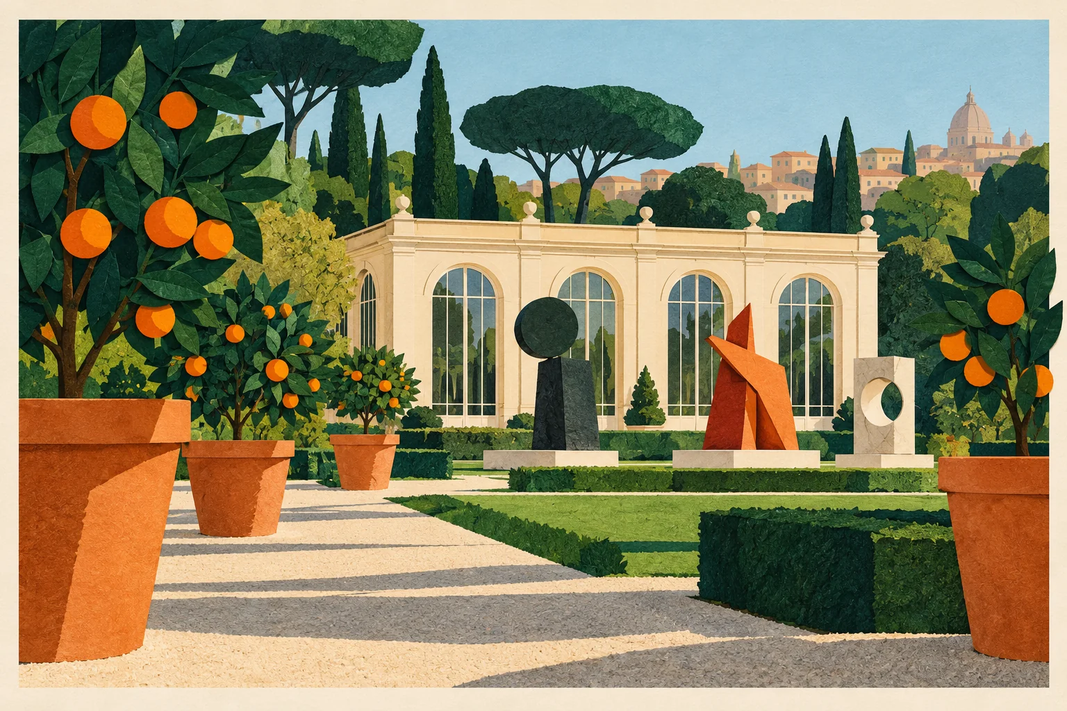 Cut-paper editorial illustration of an imagined orangery, citrus pots and invented geometric sculpture; not the museum building or identifiable collection works.