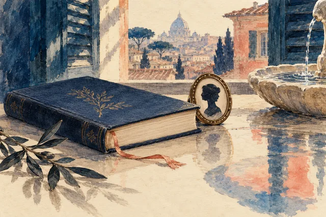 Editorial illustration of an invented poetry-book still life beside an imagined Roman window; not museum objects or a reconstruction of Keats’s room.