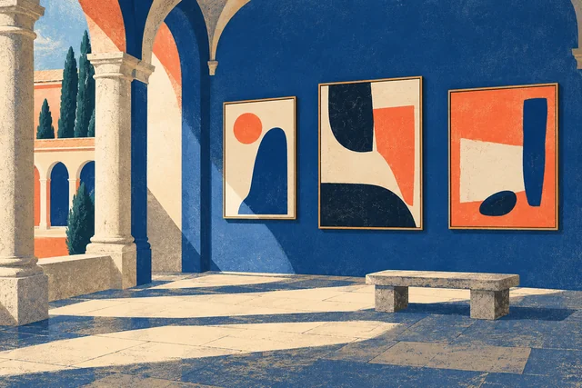 Screenprint-style editorial illustration of an invented cloister gallery with abstract paintings and a stone bench; not the actual gallery or identifiable artworks.