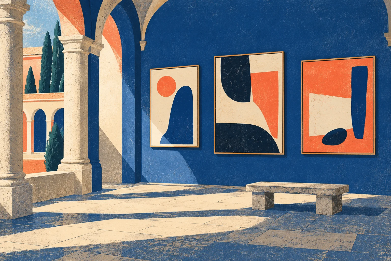 Screenprint-style editorial illustration of an invented cloister gallery with abstract paintings and a stone bench; not the actual gallery or identifiable artworks.