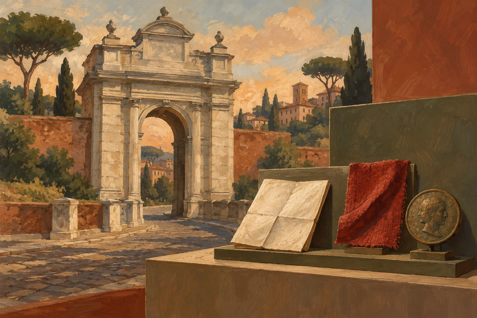 Gouache editorial illustration of an imagined Roman gate beside a blank document, red cloth and anonymous medallion; not museum objects or a historical reconstruction.