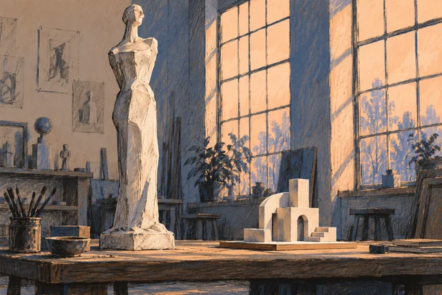 Pastel editorial illustration of an invented tall plaster figure beside a small architectural model in a studio; not actual Andersen works or a photograph of the museum.