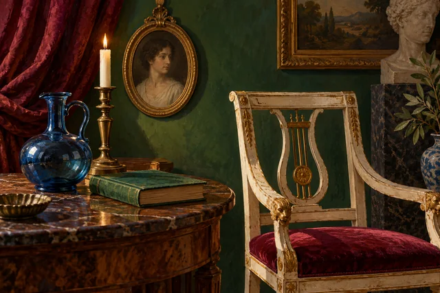 Painted editorial illustration of an invented collector’s chair, portrait, book and blue glass vessel; not objects from the Mario Praz Museum or a photograph of its rooms.