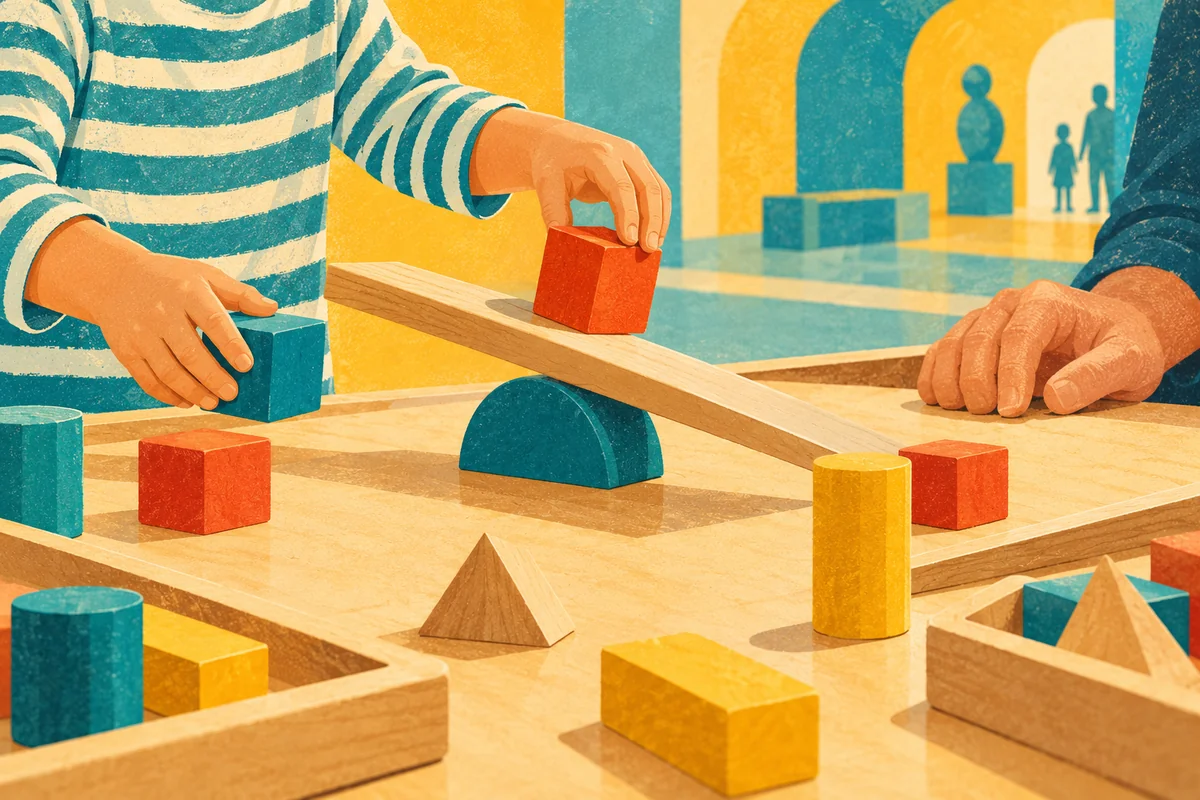 Editorial illustration of a child balancing colourful wooden blocks while an adult stays nearby; an imagined learning activity, not an actual Explora exhibit.