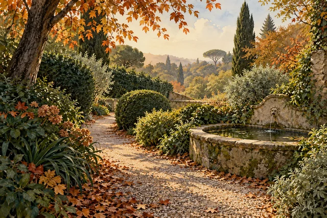 Watercolour editorial illustration of an invented Roman hillside garden with shrubs, autumn leaves and a stone fountain; not a photograph of Villa Sciarra.