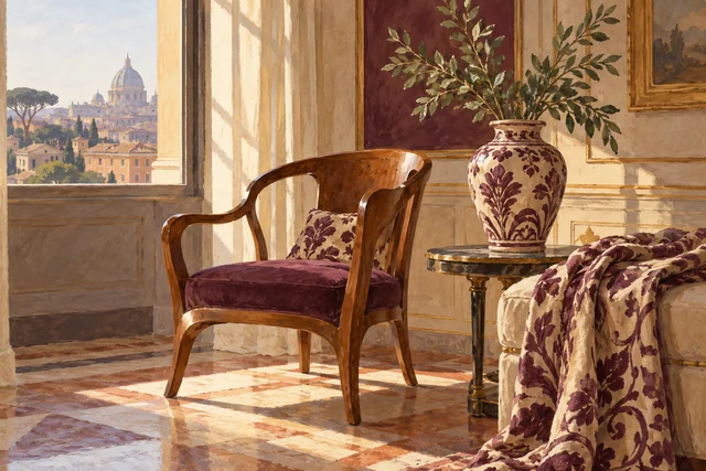 Editorial illustration of an imagined Roman sitting room with a curved chair, ceramic vase and patterned fabric; not an actual museum interior.