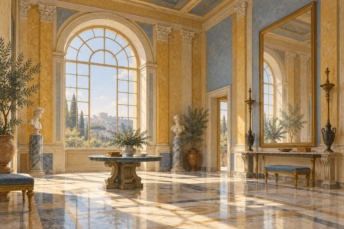 Gouache editorial illustration of an imagined nineteenth-century reception hall with a tall window and mirrors; not a reconstruction of the Casino Nobile.