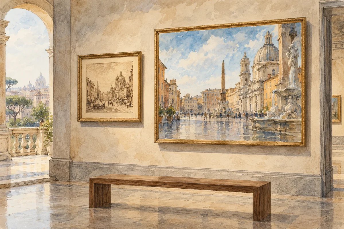 Watercolour editorial illustration of imagined Roman city pictures and a bench in a gallery; not an actual Palazzo Braschi room or historical artwork.