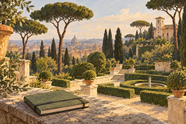Gouache editorial illustration of an imagined Renaissance garden, umbrella pines and a sketchbook; not an actual Villa Medici viewpoint.