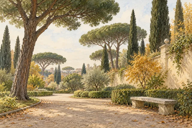 Watercolour editorial illustration of an imagined Roman garden with umbrella pines, cypress, a curving path and stone bench; not an exact Villa Celimontana view.