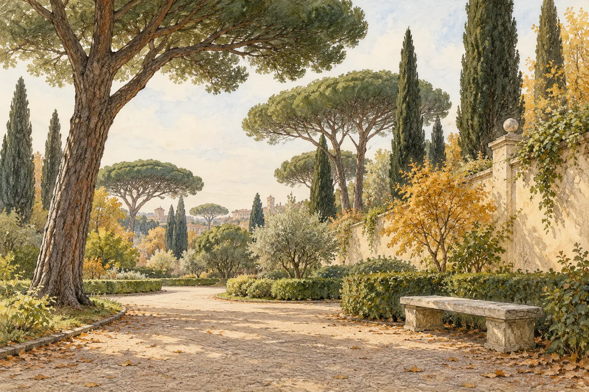 Watercolour editorial illustration of an imagined Roman garden with umbrella pines, cypress, a curving path and stone bench; not an exact Villa Celimontana view.