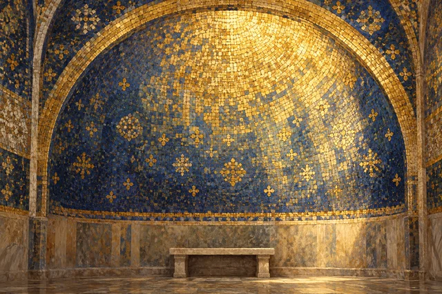 Gouache editorial illustration of an imagined gold-and-blue mosaic wall and stone bench; not an actual Santa Prassede interior or historical artwork.