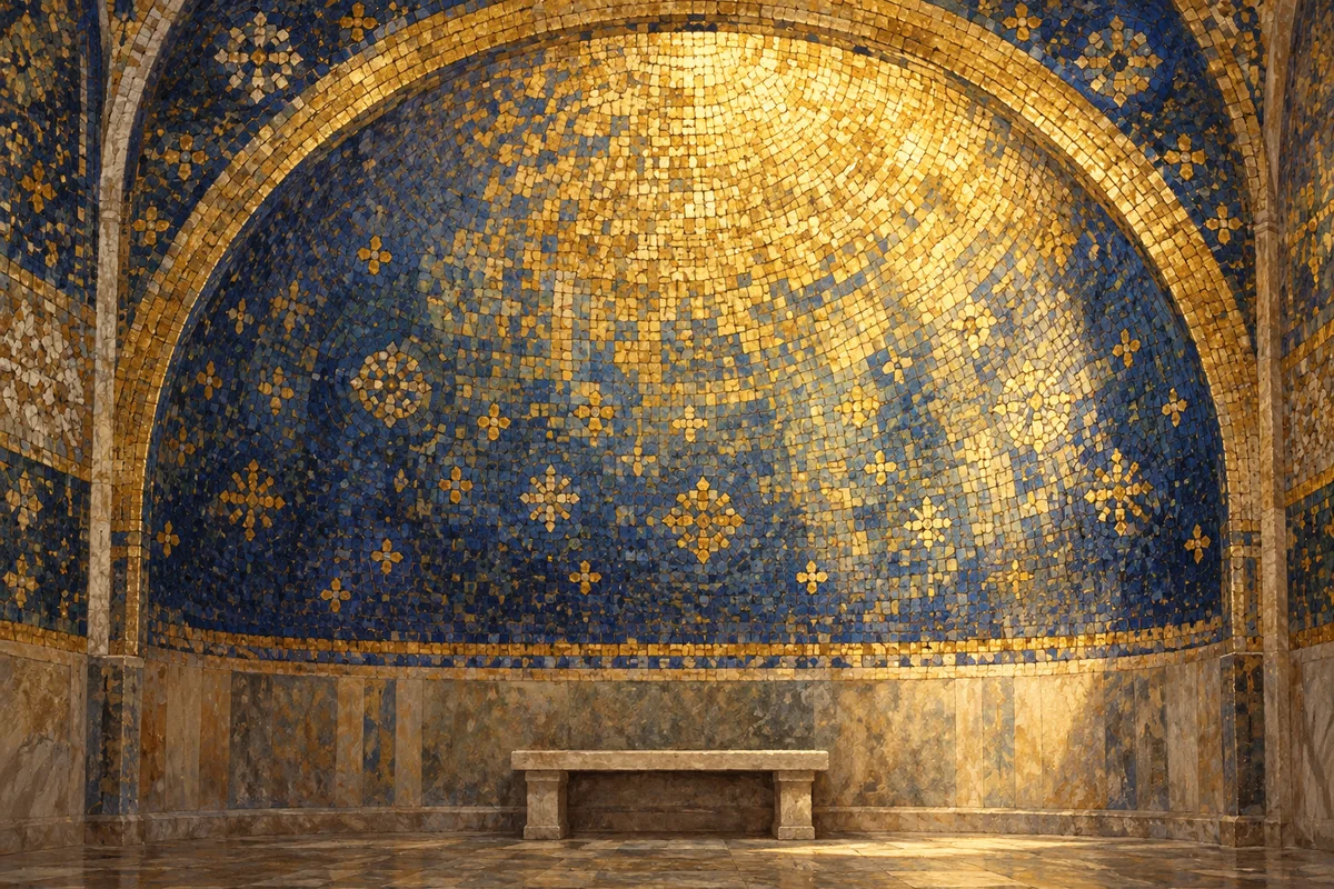 Gouache editorial illustration of an imagined gold-and-blue mosaic wall and stone bench; not an actual Santa Prassede interior or historical artwork.