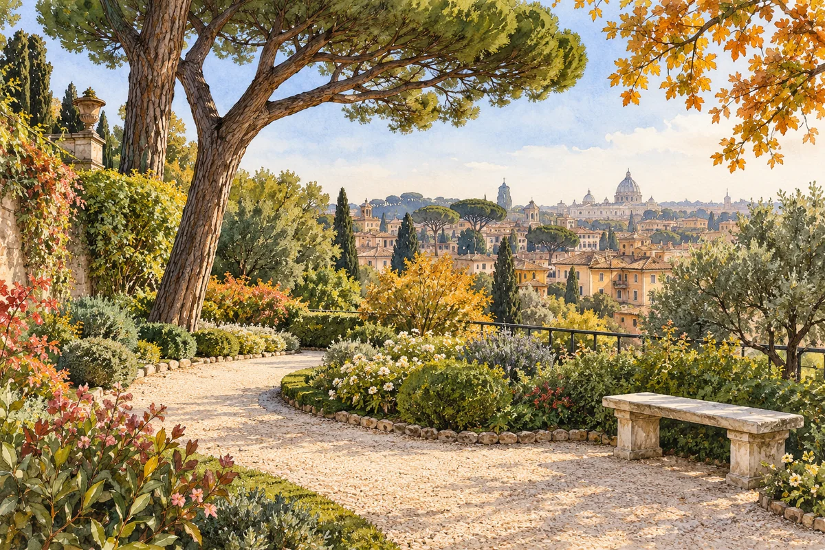 Watercolour editorial illustration of an imagined hilltop Roman garden with a pine, path and stone bench; not an exact Villa Balestra viewpoint.