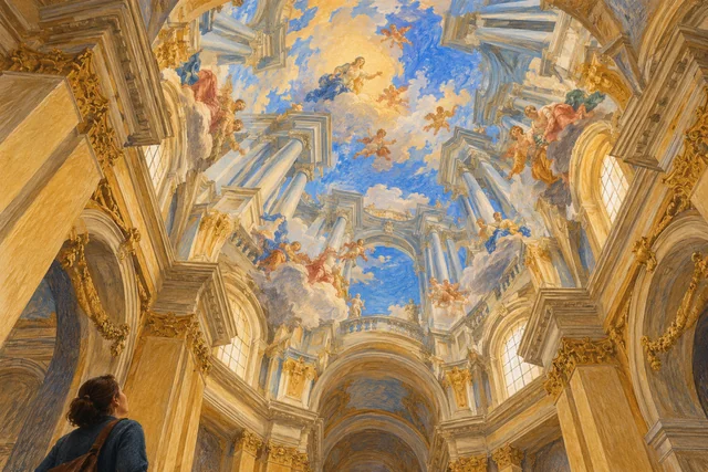 Gouache editorial illustration of a visitor beneath an imagined Baroque painted vault; not an actual Sant’Ignazio interior or reproduction of its ceiling.