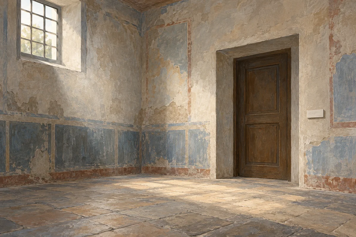 Gouache editorial illustration of an empty room with worn plaster, a closed door and daylight; an imagined place of remembrance, not a Via Tasso reconstruction.