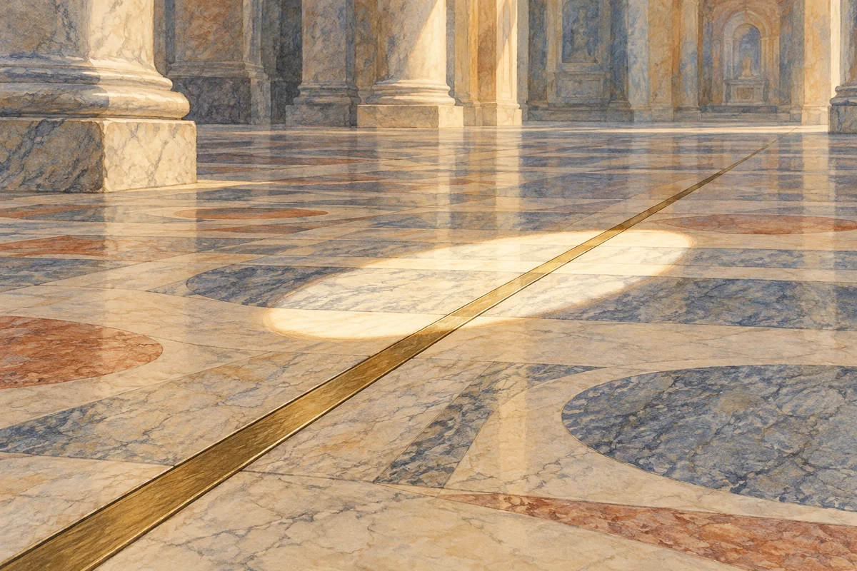 Watercolour editorial illustration of a brass line and oval sunlight on an imagined marble basilica floor; not an exact diagram or reconstruction of the Roman meridian.