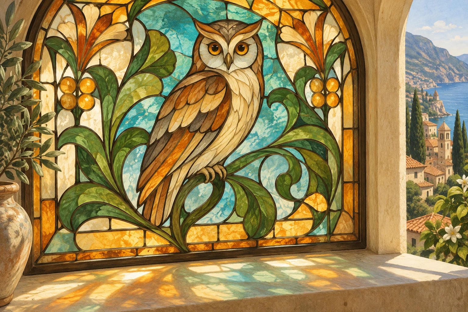 Conceptual editorial illustration of an invented owl and leaf pattern in amber, green and turquoise stained glass.