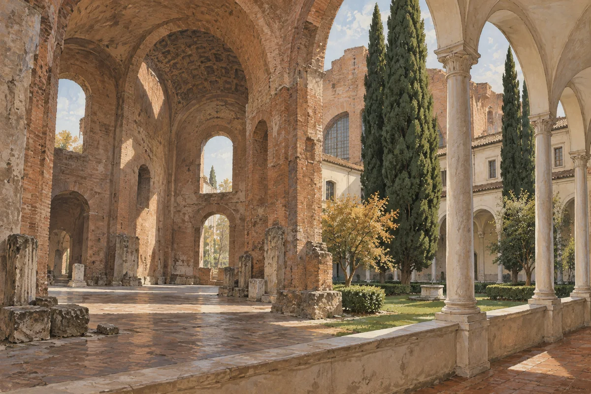 Interpretive editorial illustration of a vast Roman brick hall beside a pale-columned cloister and cypress trees.
