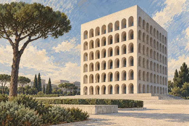 Editorial illustration of the pale arched Palazzo della Civiltà Italiana in Rome’s EUR district beside an umbrella pine.