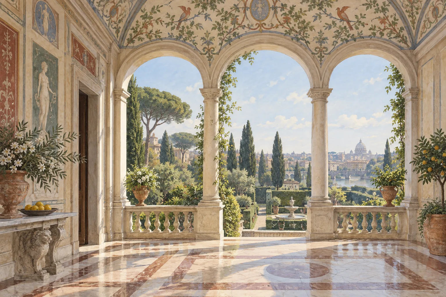 Interpretive illustration of a Renaissance loggia with floral painted decoration and a garden view, inspired by Villa Farnesina.