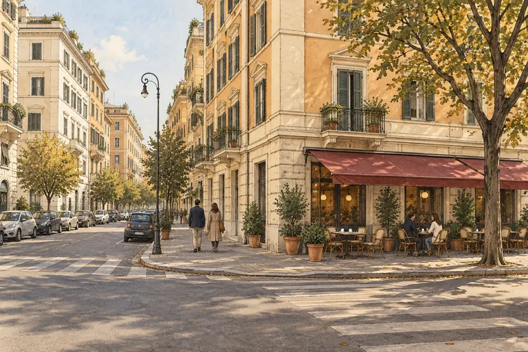 Editorial illustration of a Prati-inspired Roman street corner, with orderly apartment facades and a neighborhood cafe.