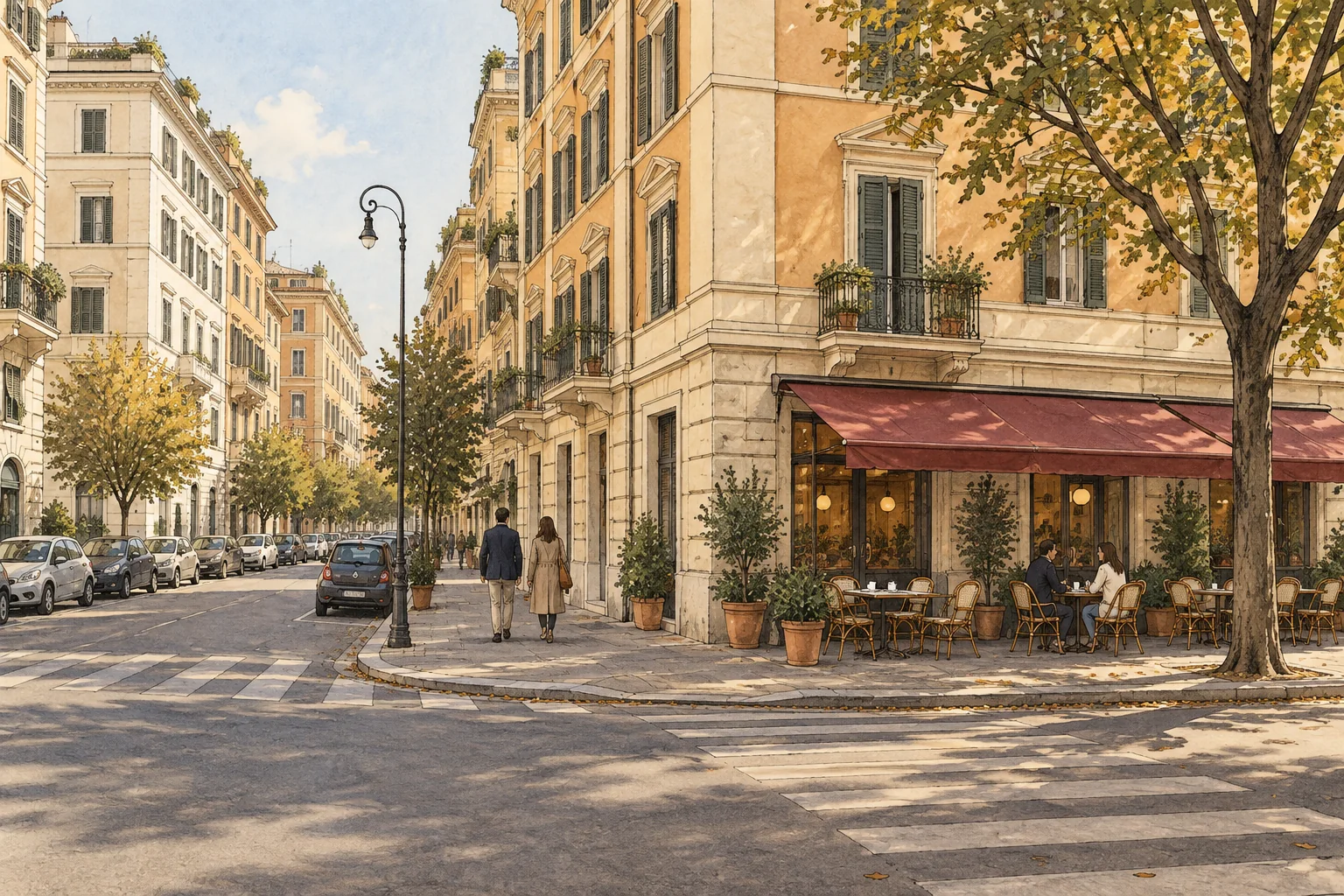 Editorial illustration of a Prati-inspired Roman street corner, with orderly apartment facades and a neighborhood cafe.