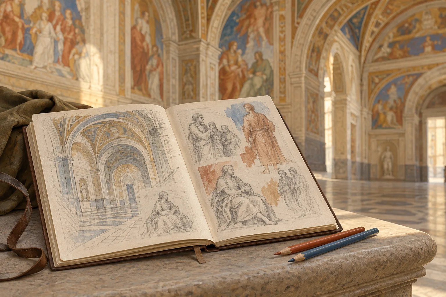 Editorial illustration of a sketchbook with perspective and figure studies in an imagined Renaissance-style museum setting.