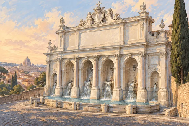 Interpretive editorial illustration of the Acqua Paola fountain’s pale arcaded facade and curved basin in warm light.