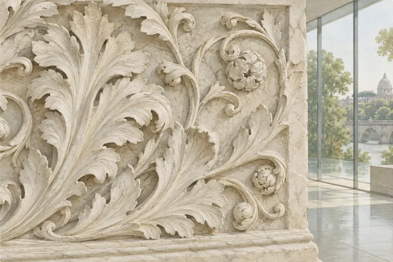 Interpretive illustration combining a Roman acanthus relief inspired by the Ara Pacis with a view of a river and bridge.