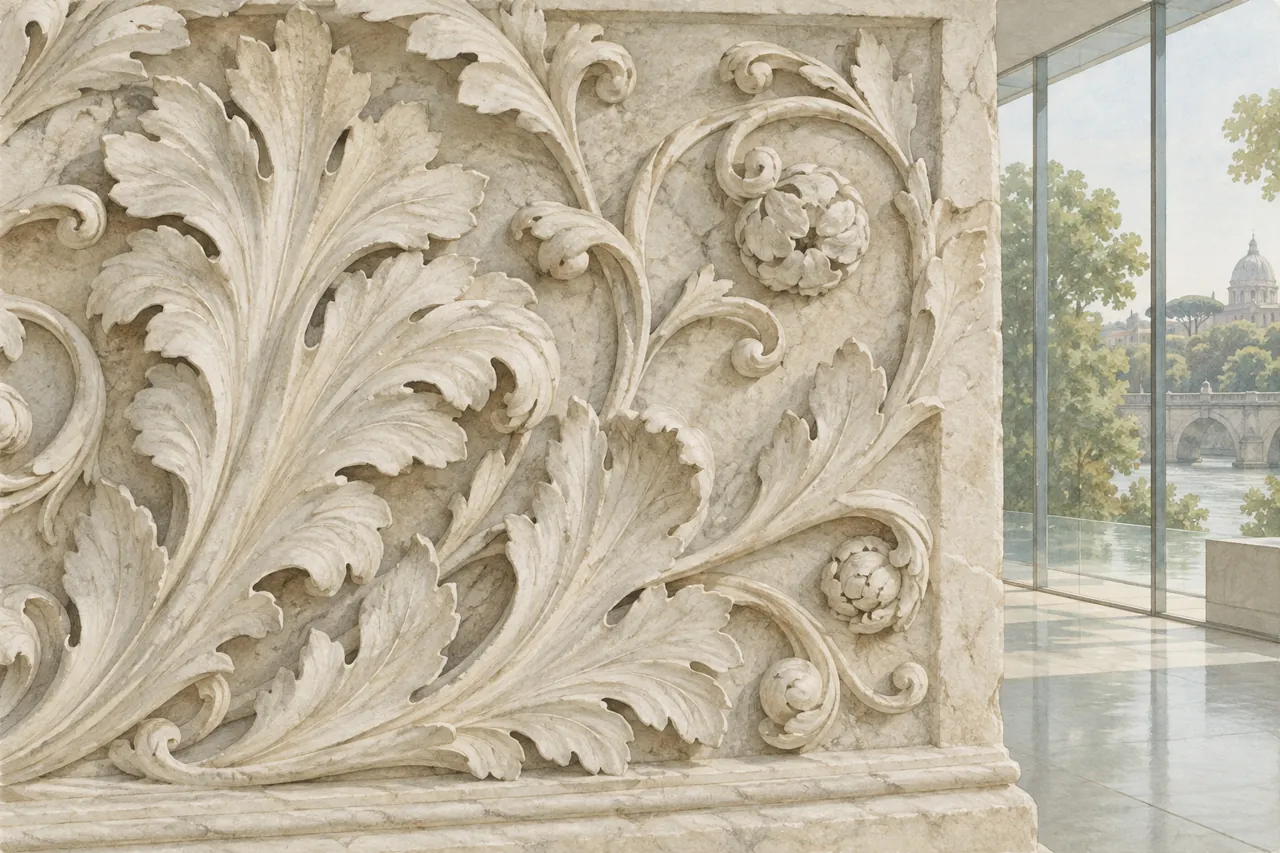Interpretive illustration combining a Roman acanthus relief inspired by the Ara Pacis with a view of a river and bridge.
